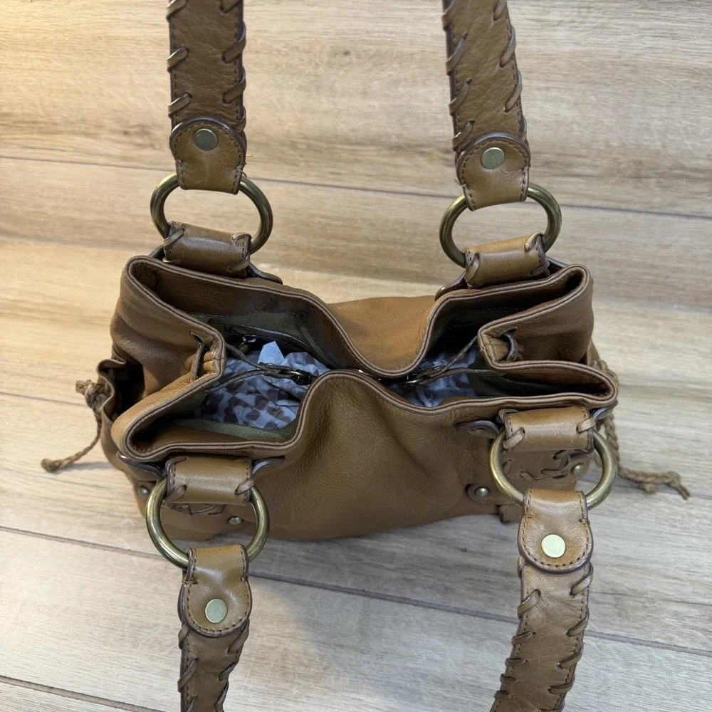 Kooba Sienna Leather Satchel Handbag Tan Whipstitch Braided Hobo Bag Vintage Y2K